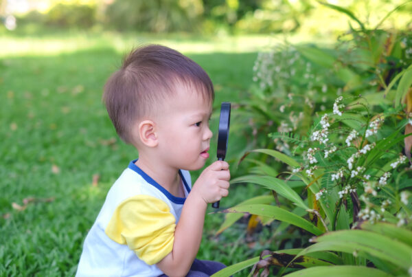 young boy examines plant with a magnifying glass